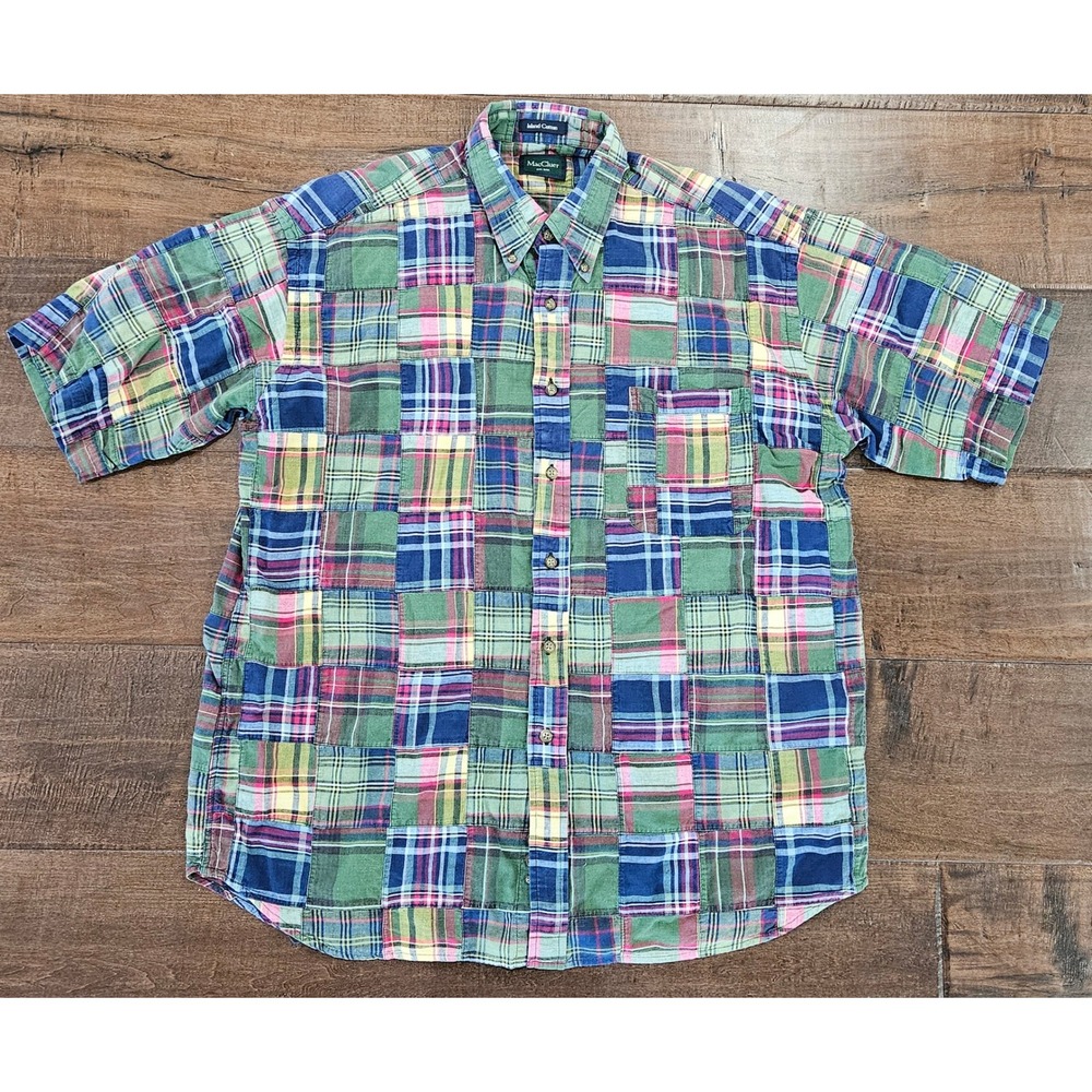 VTG Multicolor Patchwork Madras Plaid Button Down‎ Short Sleeve Shirt Large